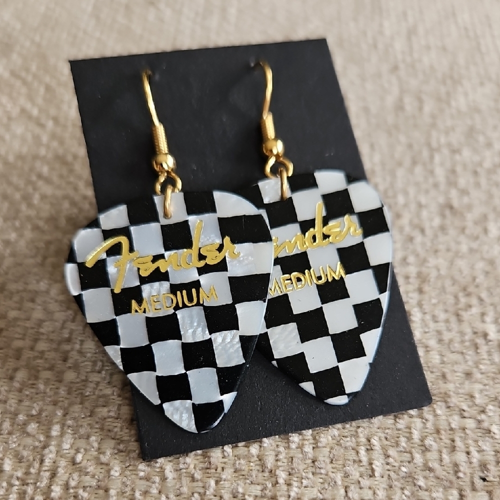 Fender Black & White Checkerboard Guitar Pick Dangle Earrings